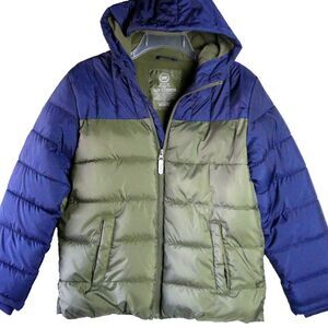 Wonder Nation Boys Size L (10-12) Green Navy Hooded Puffer Jacket Hood Lined